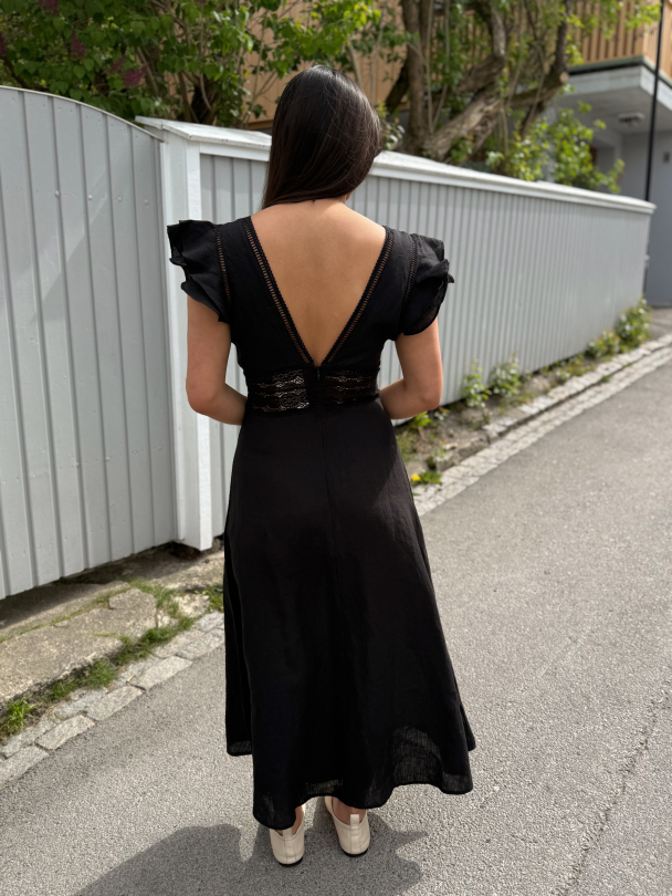 Linen V-Neck Dress - Black  - Image 4
