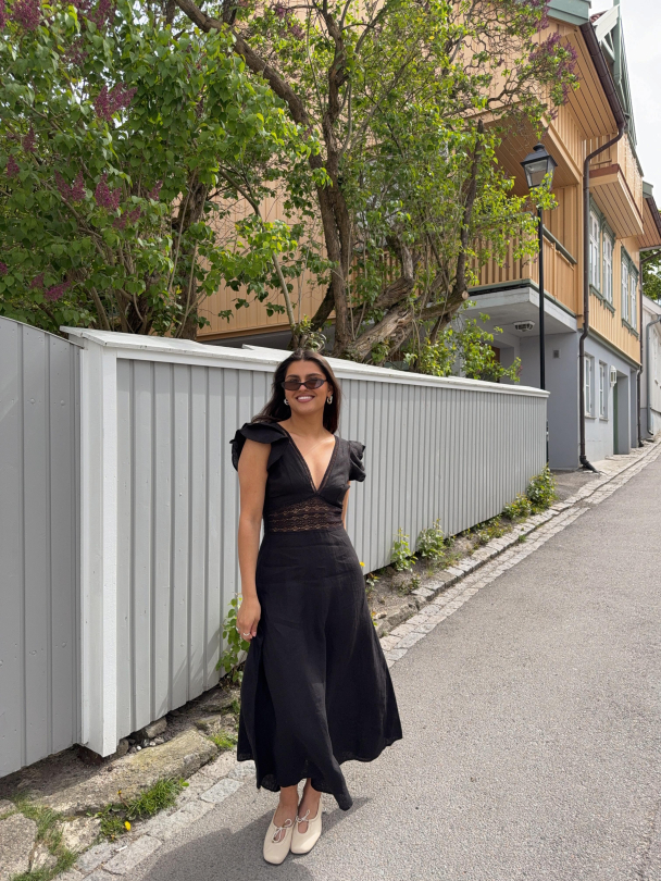 Linen V-Neck Dress - Black  - Image 6