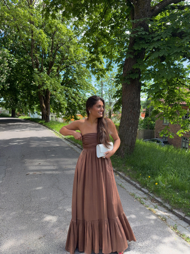 Shiny Bandeau Dress - Brown  - Image 1