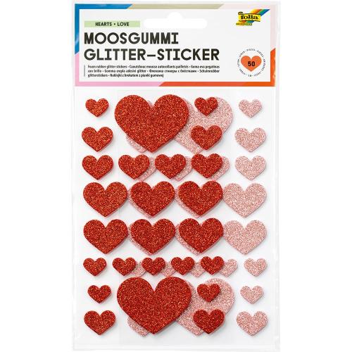 Folia Klistremerker Mosgummi Glitter – Hjerter rød/rosa