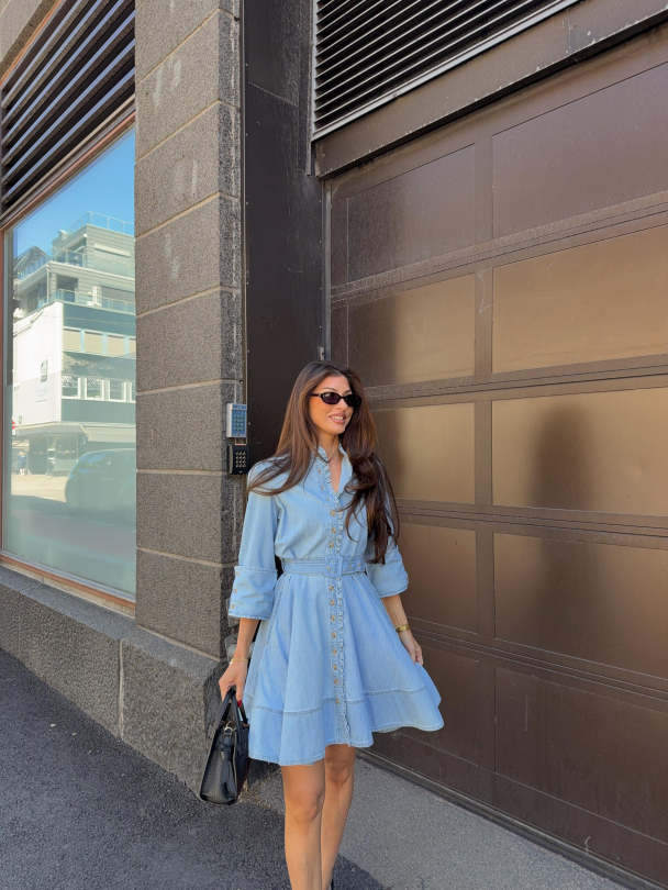 Denim Mini Dress -  Light Blue - Image 3