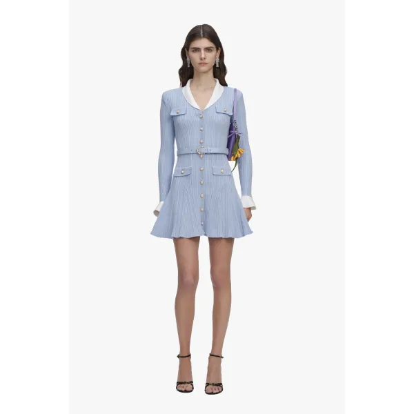 Blue Ribbed Knit Mini Dress - Blue 