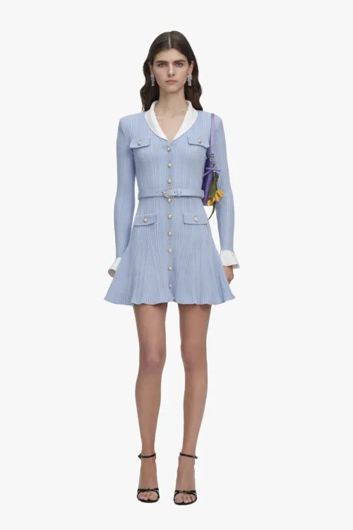 Blue Ribbed Knit Mini Dress - Blue 