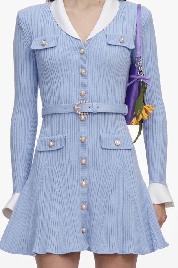 Blue Ribbed Knit Mini Dress - Blue  - Image 3