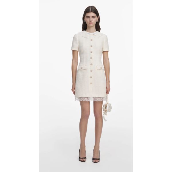 Cream Boucle Lace Trim Mini Dress - Cream 