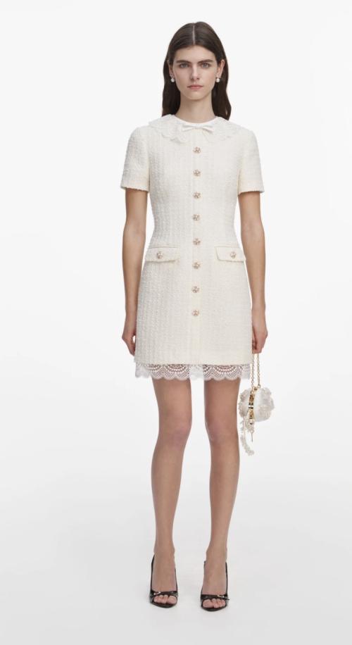 Cream Boucle Lace Trim Mini Dress - Cream 