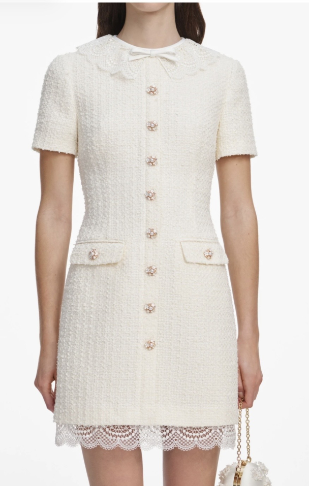 Cream Boucle Lace Trim Mini Dress - Cream  - Image 4