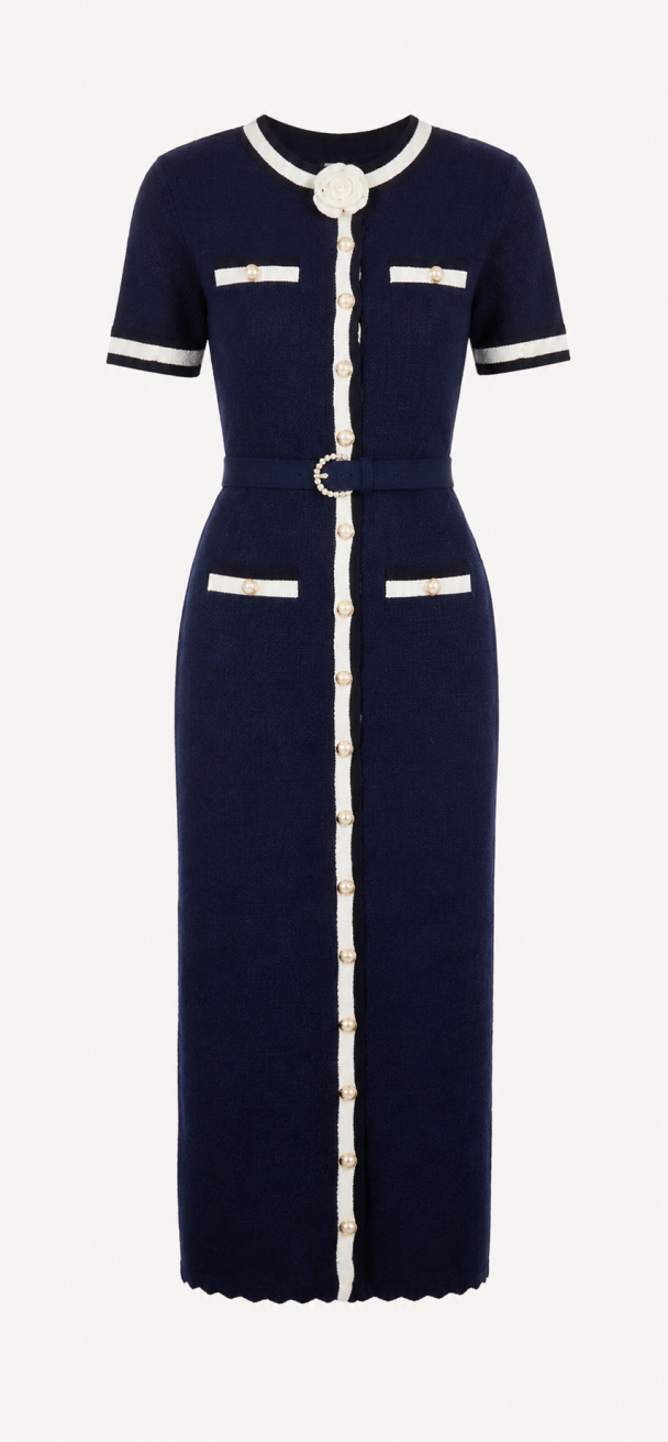 Pointelle Knit Midi Dress - Navy  - Image 2