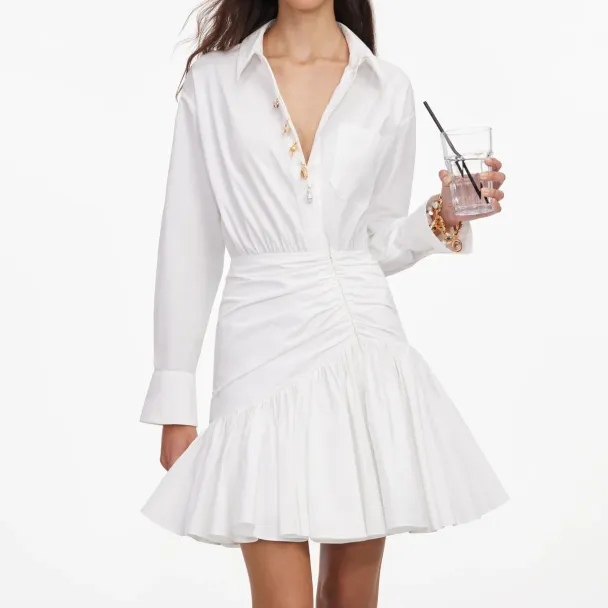 Cotton Gathered Mini Dress - White  - Image 2