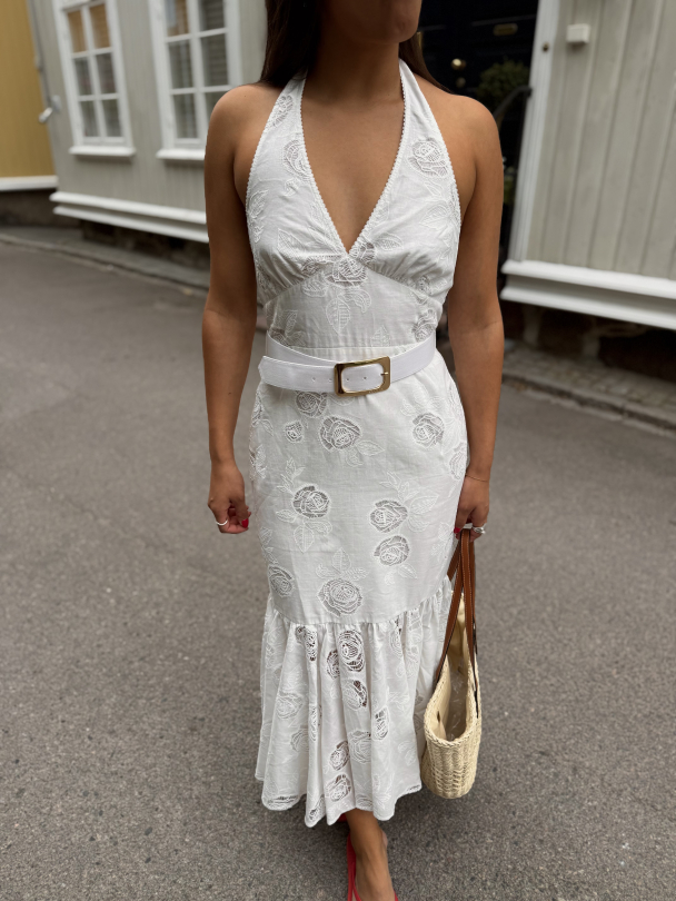 Linen Halterneck Midi Dress - White  - Image 1