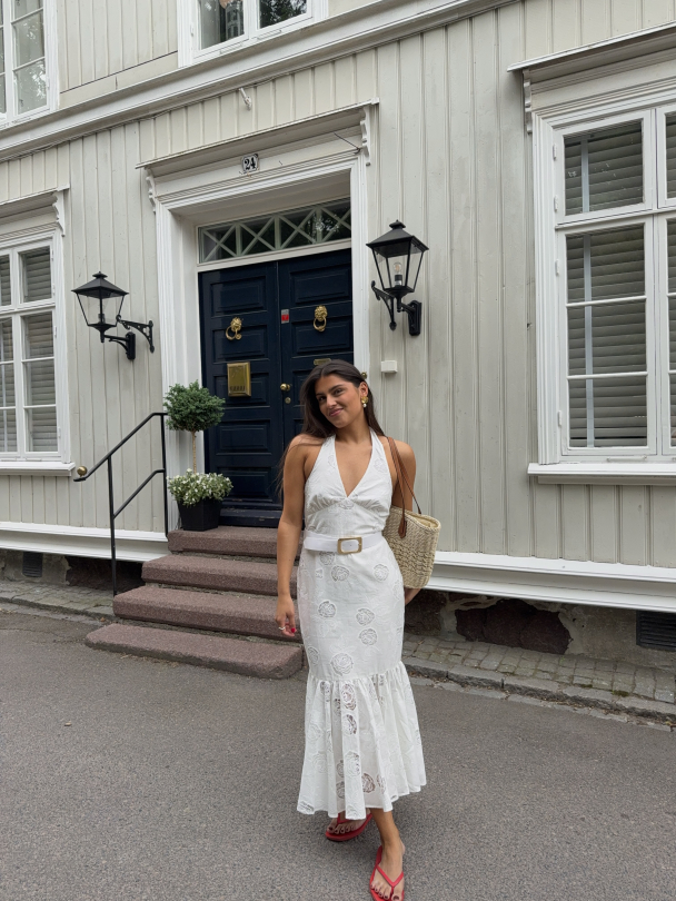 Linen Halterneck Midi Dress - White  - Image 3