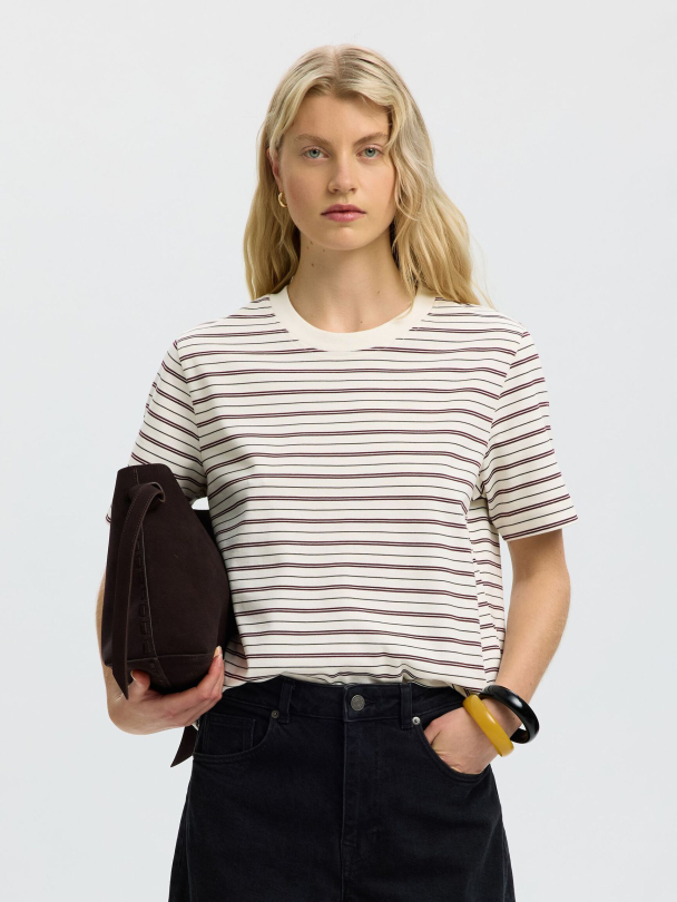Essential - Striped Boxy  Tee - Tawny Port/Multi Stripe 