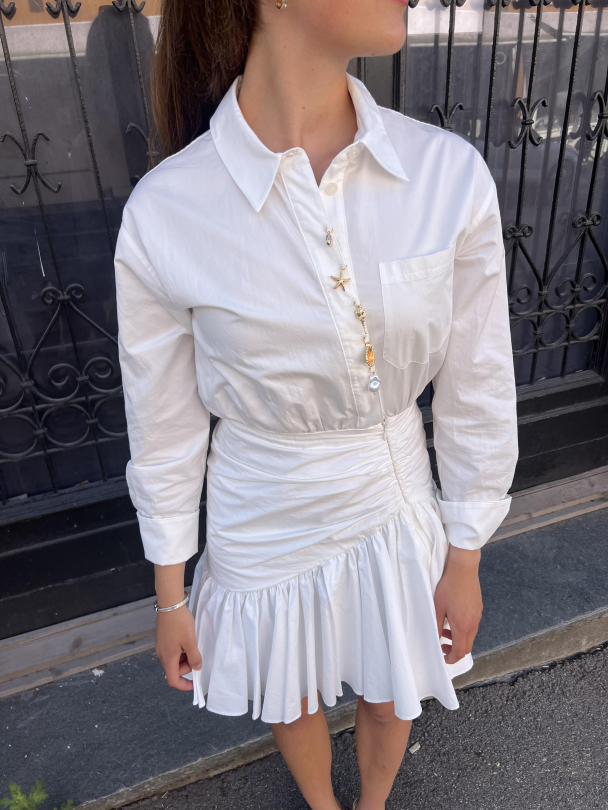 Cotton Gathered Mini Dress - White  - Image 1
