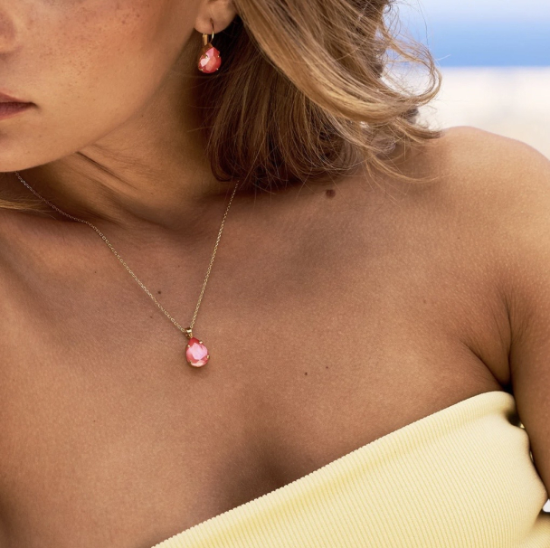 Mini Drop Clasp Earrings Gold-Light Coral  - Image 2