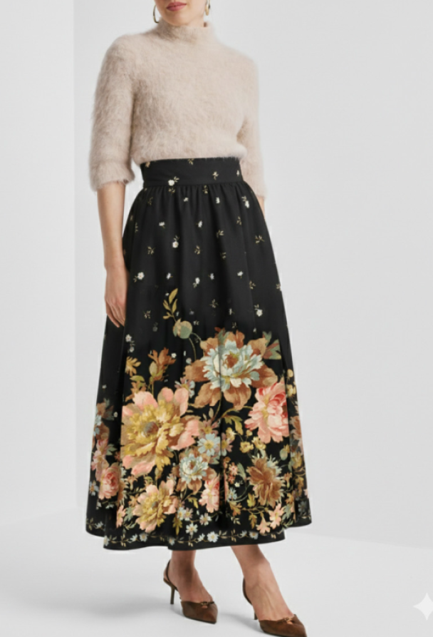 Taffeta Maxi Skirt - Midnight Blossoms