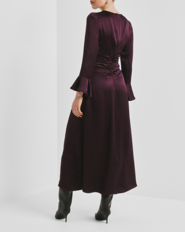 Satin Rouching Dress - Burgundy  - Image 3