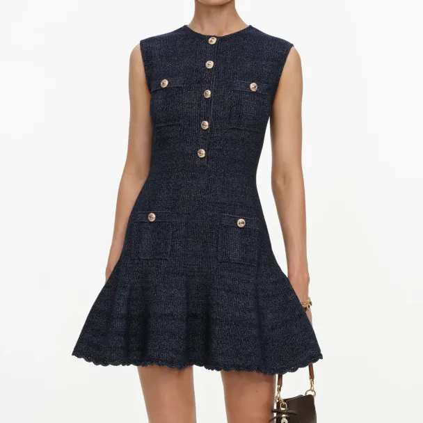 Sleeveless Textured Knit Mini Dress - Navy  - Image 1