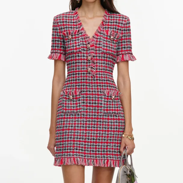 Check Frayed Knit Mini Dress - Red  - Image 1