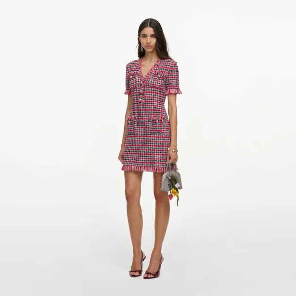 Check Frayed Knit Mini Dress - Red  - Image 2