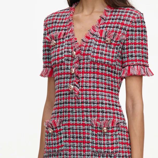 Check Frayed Knit Mini Dress - Red  - Image 4