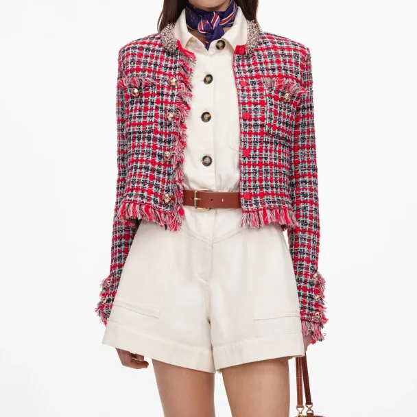Check Frayed Knit Jacket - Red - Image 1