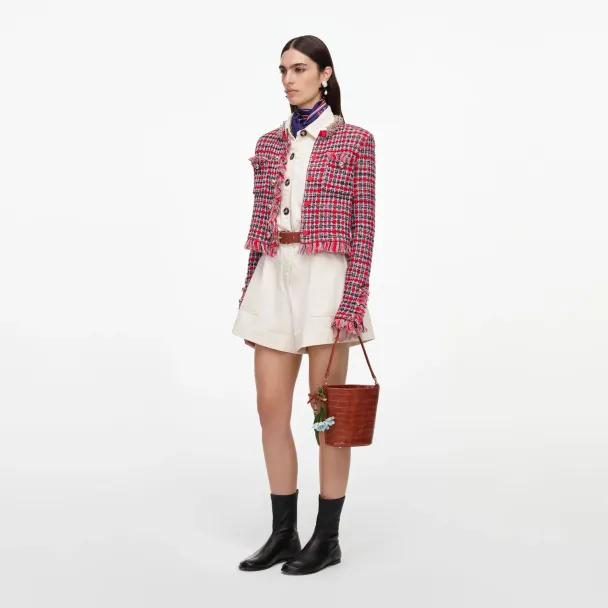 Check Frayed Knit Jacket - Red - Image 3