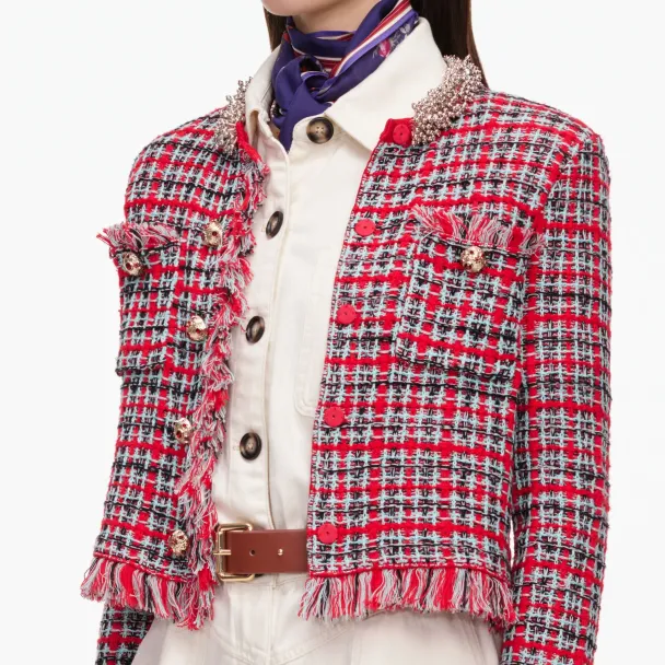 Check Frayed Knit Jacket - Red - Image 2