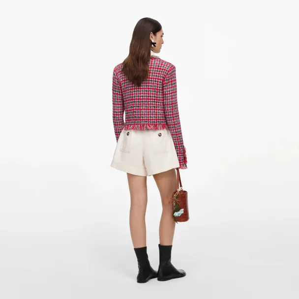 Check Frayed Knit Jacket - Red - Image 4