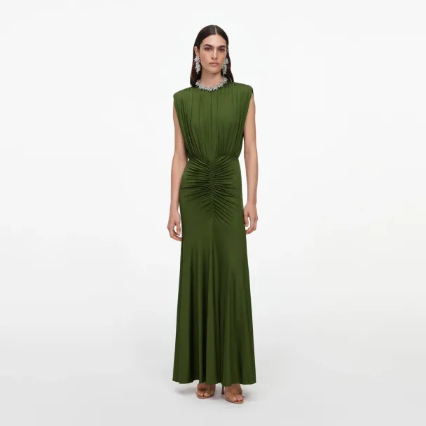 Jersey Gathered Maxi Dress - Olive Green  - Image 1