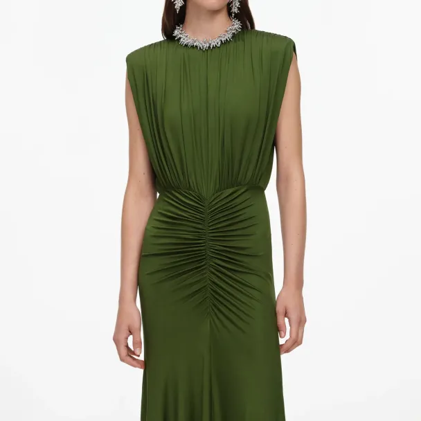 Jersey Gathered Maxi Dress - Olive Green  - Image 3