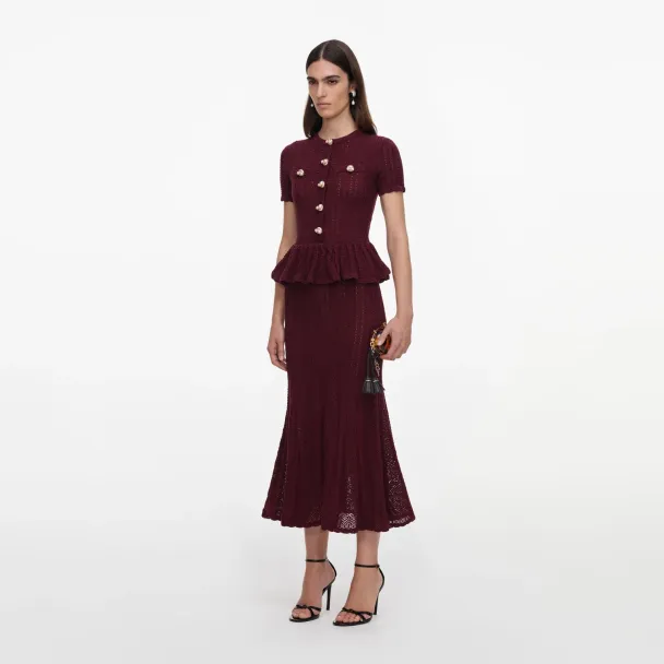 Pointelle Peplum Knit Midi Dress - Burgundy  - Image 1