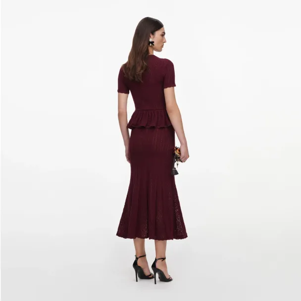 Pointelle Peplum Knit Midi Dress - Burgundy  - Image 2