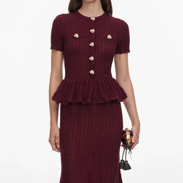 Pointelle Peplum Knit Midi Dress - Burgundy  - Image 3