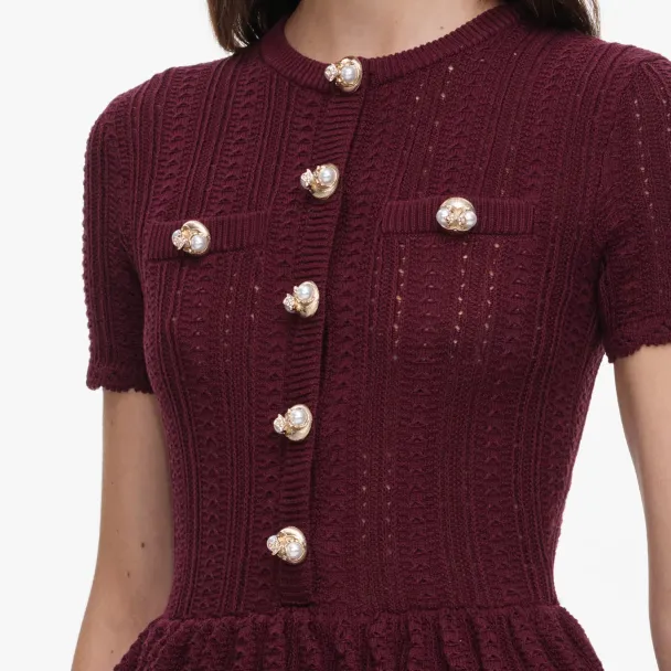 Pointelle Peplum Knit Midi Dress - Burgundy  - Image 4