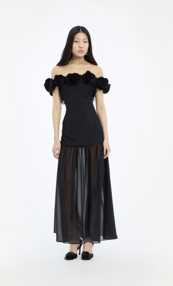 Crepe Maxi Flower Dress - Black  - Image 1