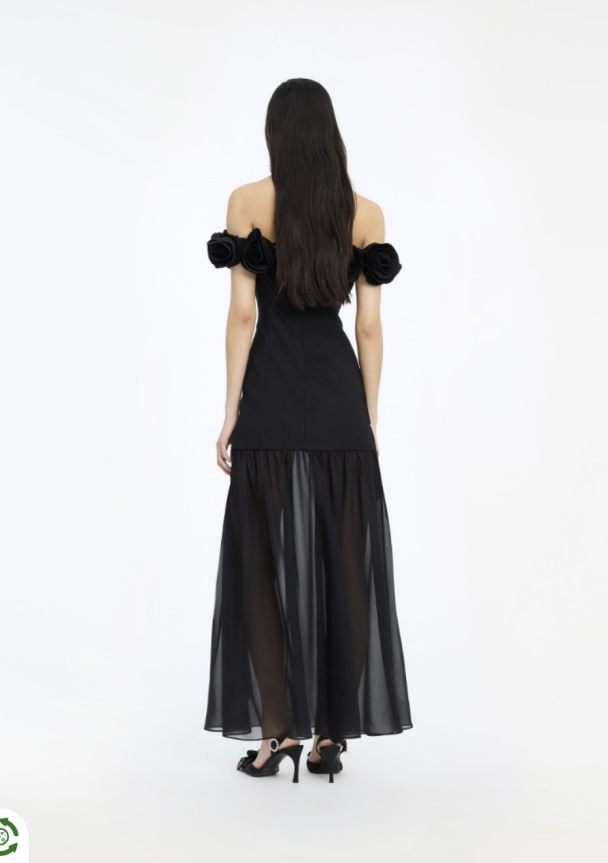 Crepe Maxi Flower Dress - Black  - Image 4