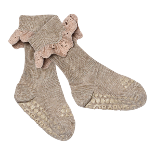 Non-Slip Socks Bamboo Lace - Light Brown Melange