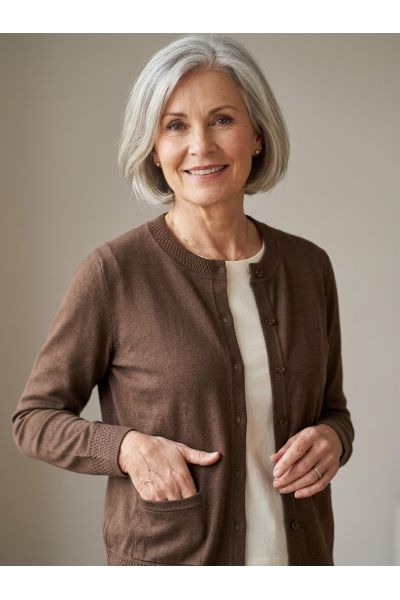 Cardigan m/rund hals 60020 Mørk Brun