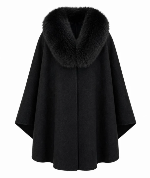 Cape With Faux Fur Collar - Dark Gray 