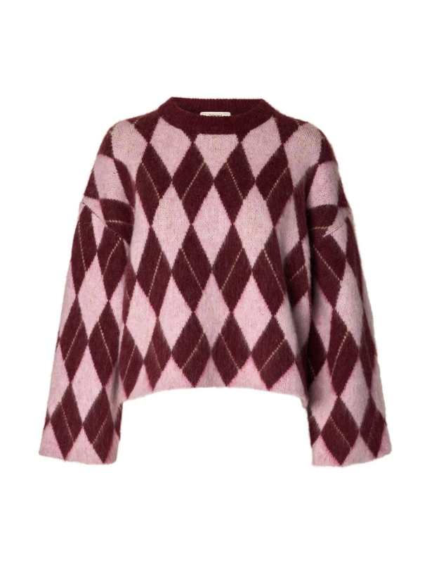 Lulu Brushed Argyle Knit O-Neck - Tawny Port 