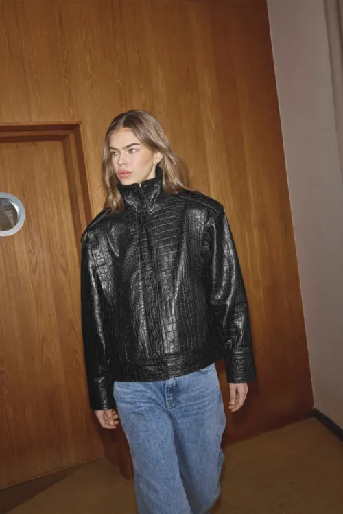 CrocoCC Leather Bomber – Co’Couture