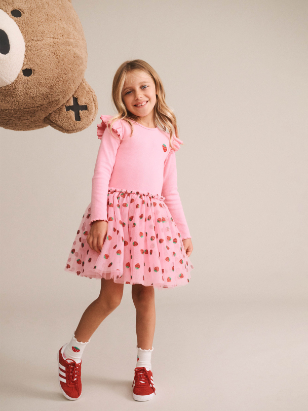 Strawberry Emb L/S Tulle Dress - Strawberry Cream - Image 4
