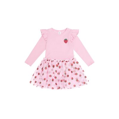 Strawberry Emb L/S Tulle Dress - Strawberry Cream