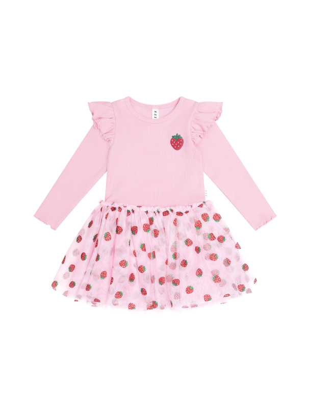 Strawberry Emb L/S Tulle Dress - Strawberry Cream - Image 1