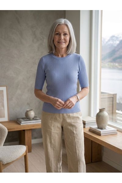 Topp Rib Rund Hals Lys Blå 179-125