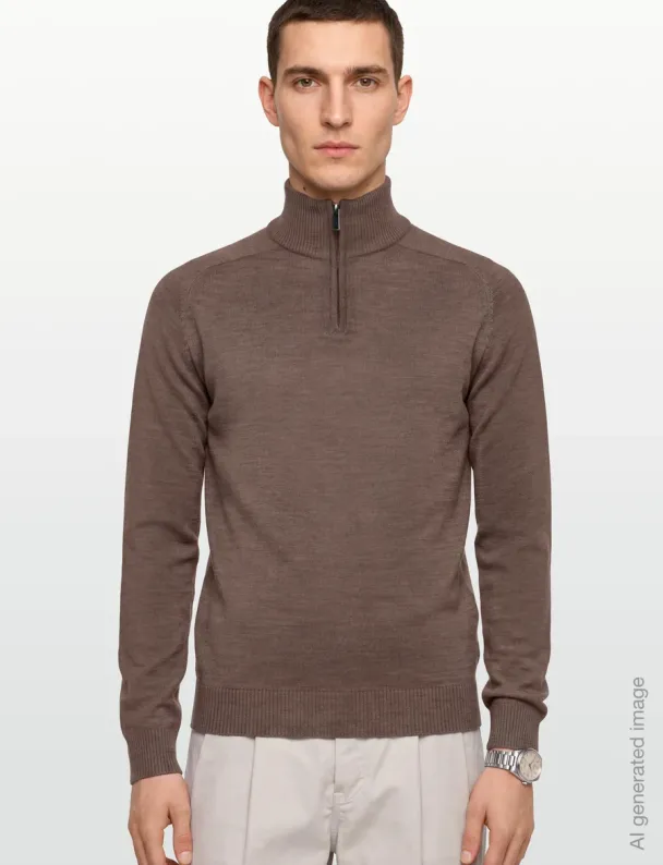 BS Pelle half zip ullgenser, brun - Image 1