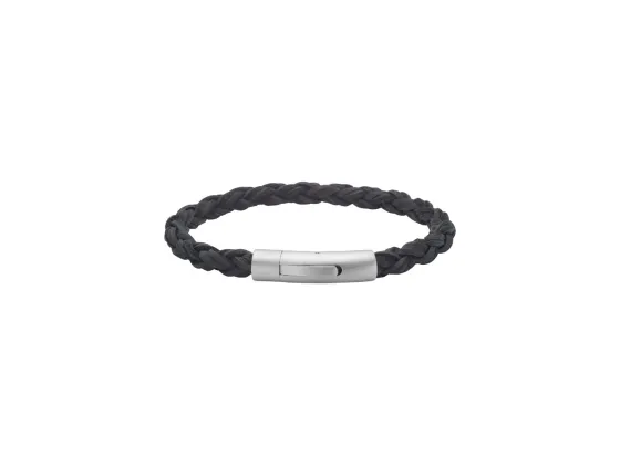 St&aring;l armb&aring;nd i svart tvunnet l&aelig;r - 6mm 