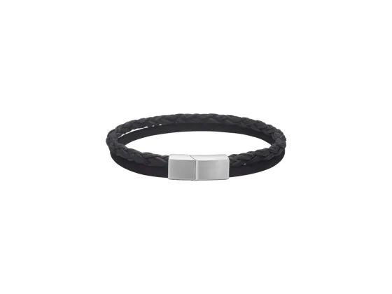 St&aring;l armb&aring;nd i svart flettet/glatt l&aelig;r - 8mm 