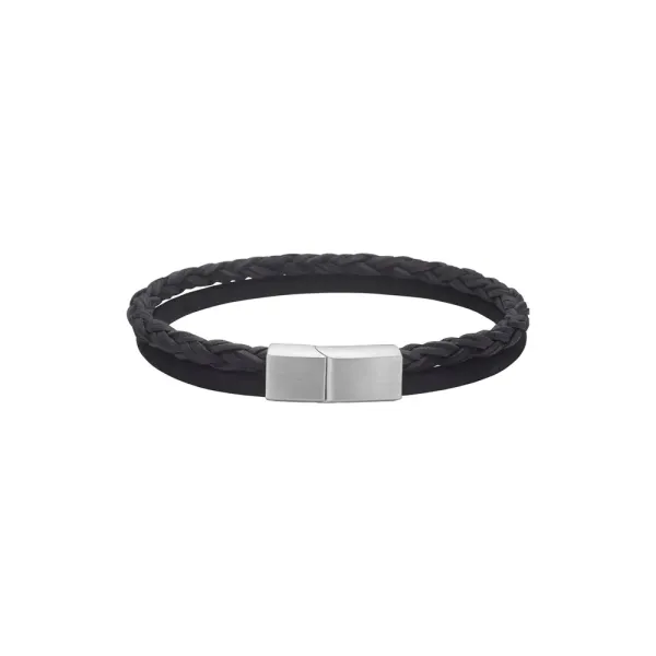 St&aring;l armb&aring;nd i svart flettet/glatt l&aelig;r - 8mm 