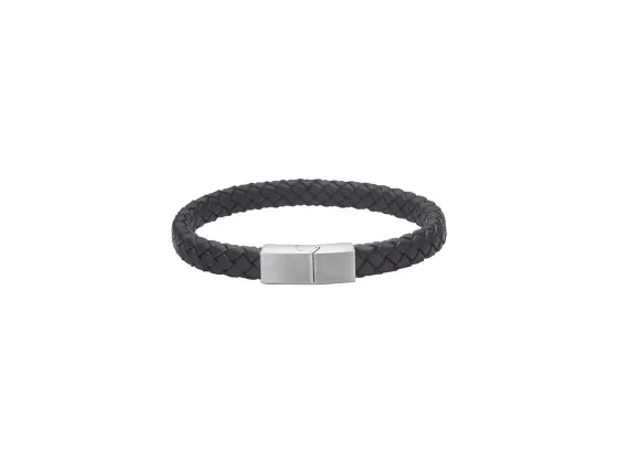 St&aring;l armb&aring;nd i svart flettet l&aelig;r - 8mm 